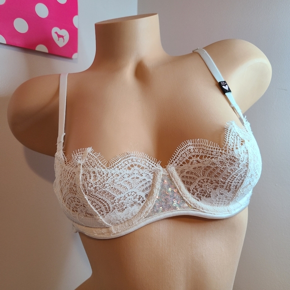 VS Dream Angels Sequin Lace Push-up Without Padding Bra Size 32A White - Picture 1 of 7